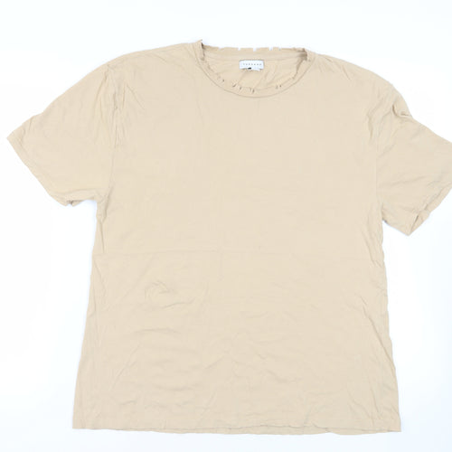 Topshop Womens Beige Cotton Basic T-Shirt Size 14 Crew Neck - Distressed Neckline