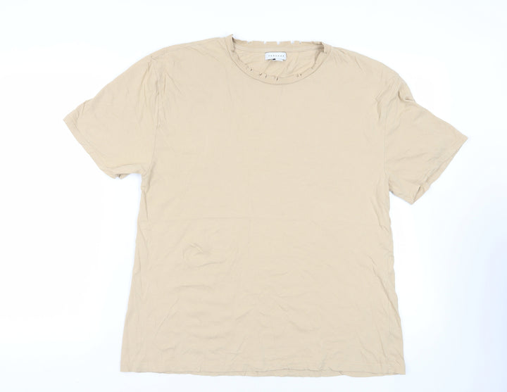 Topshop Womens Beige Cotton Basic T-Shirt Size 14 Crew Neck - Distressed Neckline