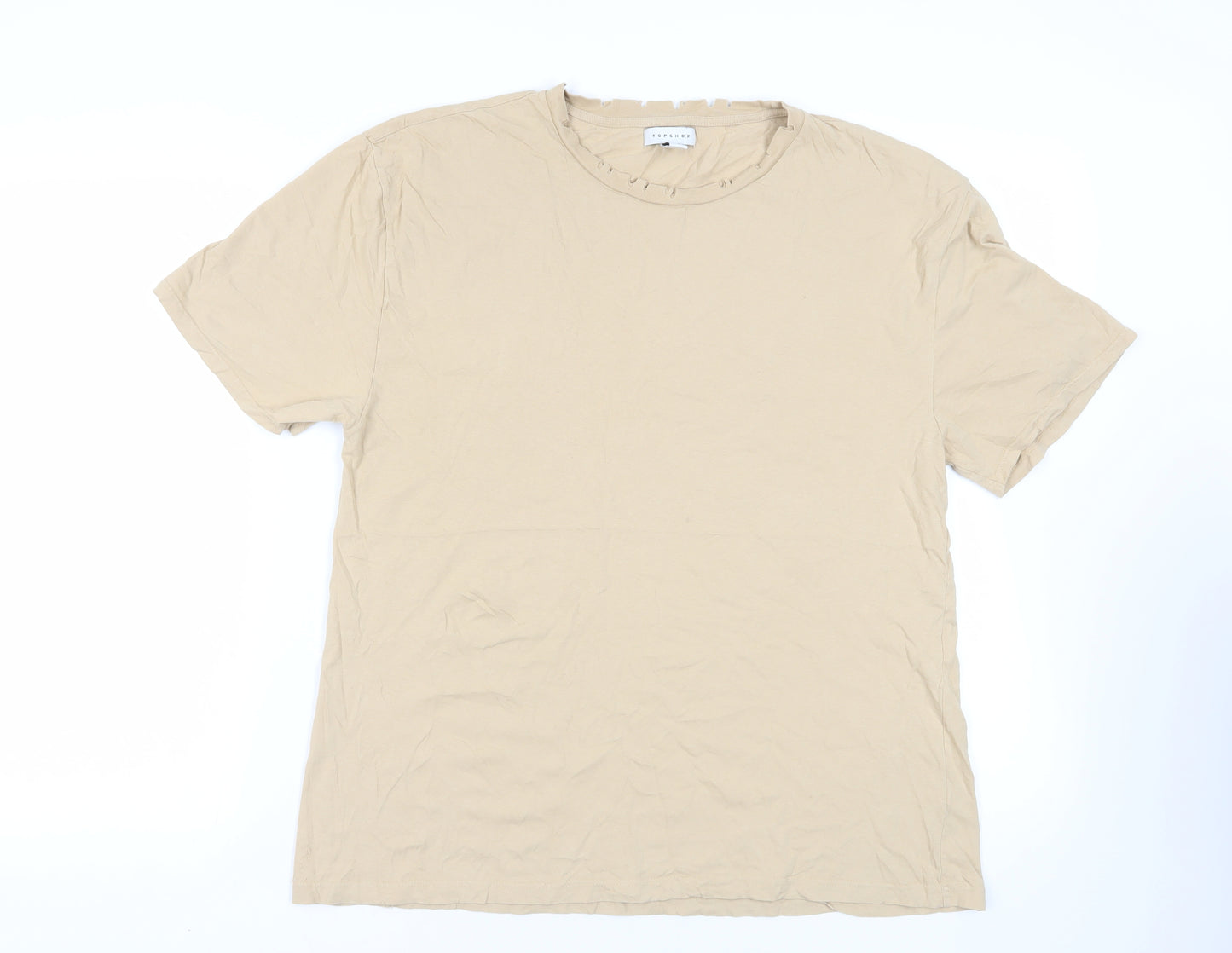 Topshop Womens Beige Cotton Basic T-Shirt Size 14 Crew Neck - Distressed Neckline
