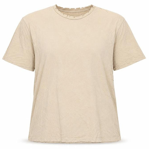 Topshop Womens Beige Cotton Basic T-Shirt Size 14 Crew Neck - Distressed Neckline