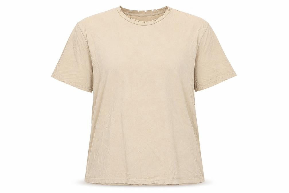 Topshop Womens Beige Cotton Basic T-Shirt Size 14 Crew Neck - Distressed Neckline