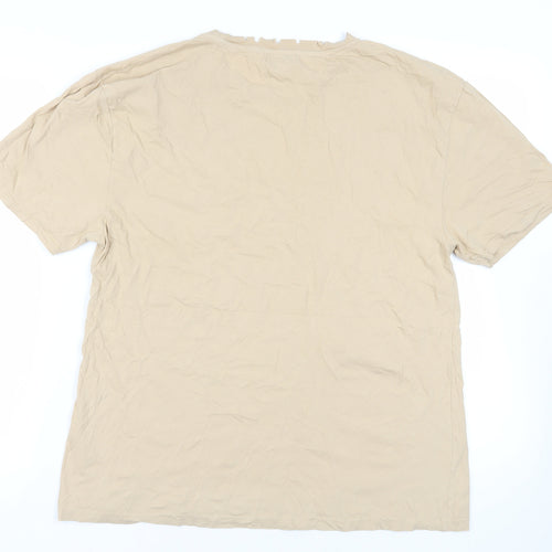 Topshop Womens Beige Cotton Basic T-Shirt Size 14 Crew Neck - Distressed Neckline