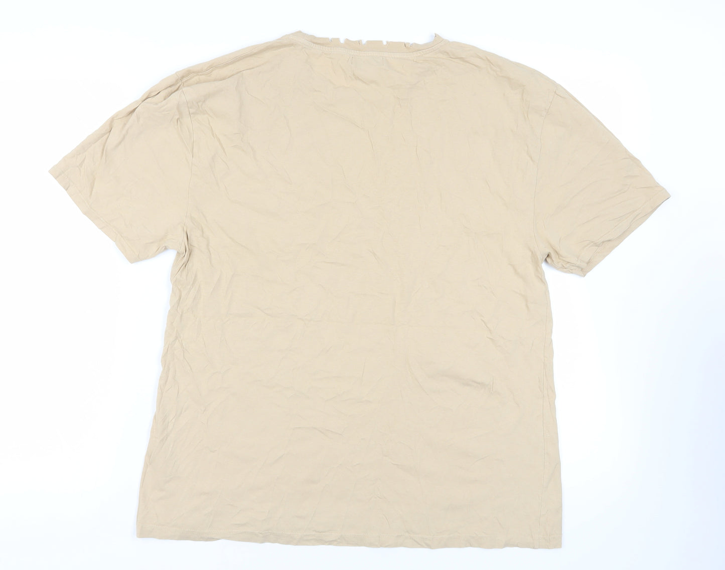 Topshop Womens Beige Cotton Basic T-Shirt Size 14 Crew Neck - Distressed Neckline