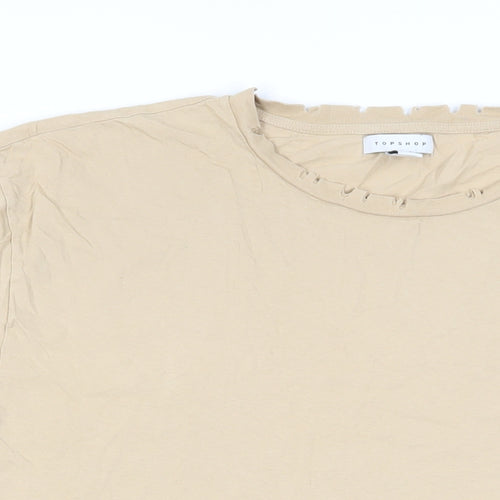 Topshop Womens Beige Cotton Basic T-Shirt Size 14 Crew Neck - Distressed Neckline