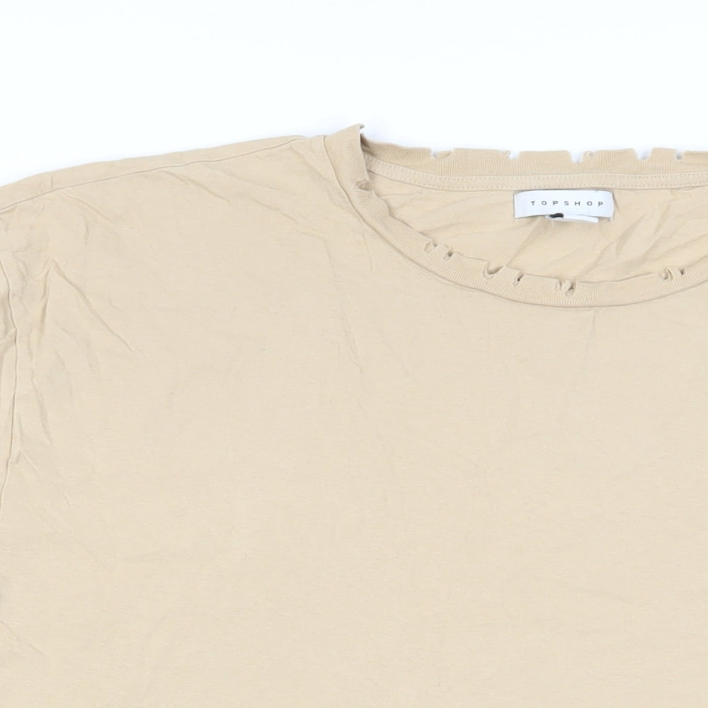 Topshop Womens Beige Cotton Basic T-Shirt Size 14 Crew Neck - Distressed Neckline