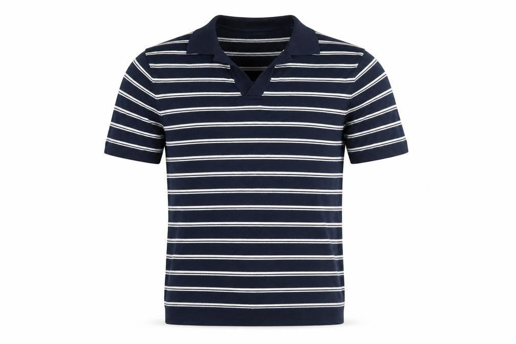 Front view of Autograph men’s blue striped cotton polo, size XS, collared pullover