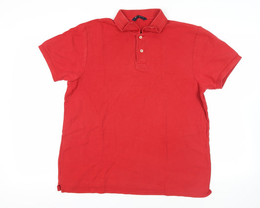 Marks and Spencer Mens Red Cotton Polo Size L Collared Button