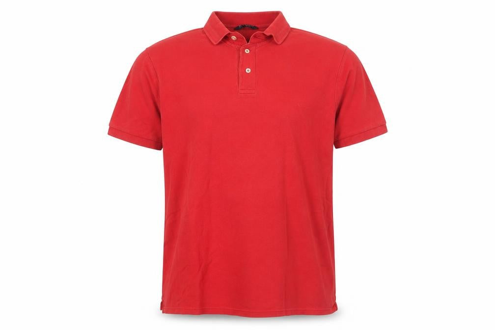 Front view of Marks & Spencer men’s red cotton polo, size L, collared button