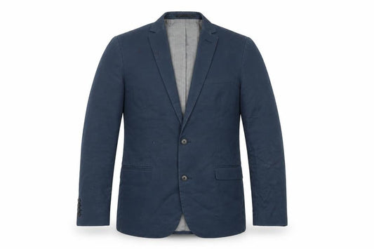 Front view of Mininum men’s blue cotton jacket blazer, size 46, regular