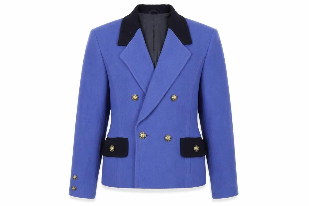 Front view of Country Cassics women’s blue jacket blazer, size UK 10, button