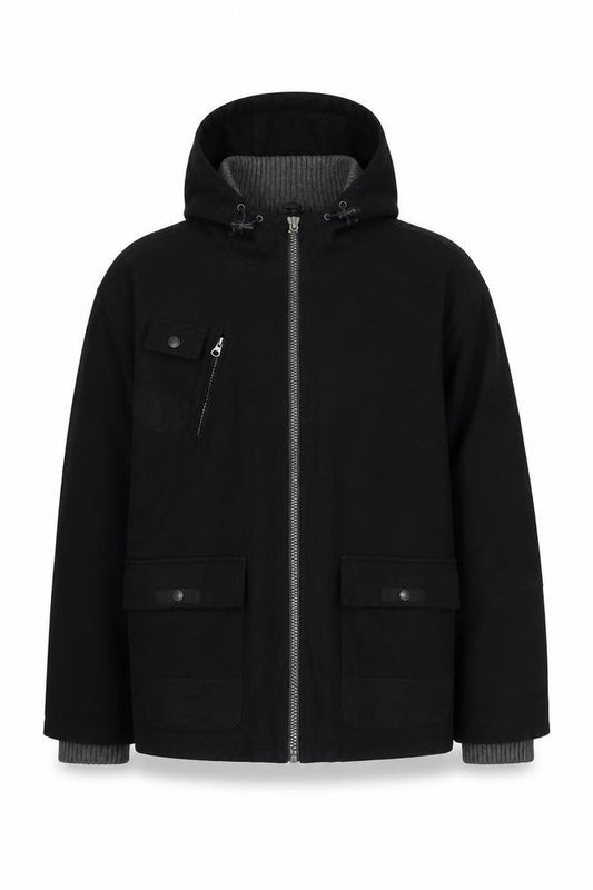 Front view of Lee Cooper men’s black jacket, size XL, zip