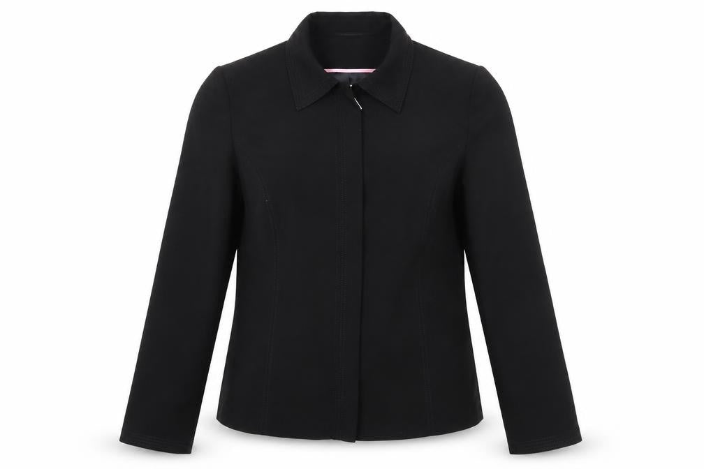 Front view of Office girl women’s black jacket blazer, size UK 14, zip