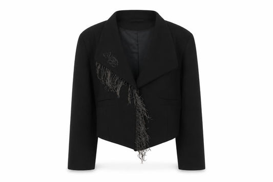 Front view of Label Lab women’s black jacket blazer, size UK 12, hook & loop