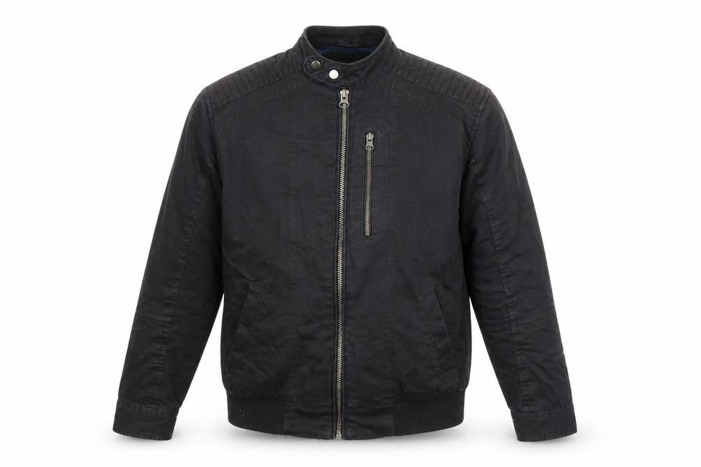 Front view of River Island men’s black bomber jacket jacket one size zip
