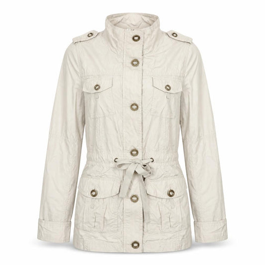 Front view of Marks & Spencer women’s beige jacket coat, size UK 8, zip