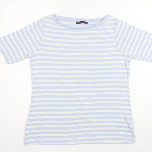 M&S Womens Blue Striped 100% Cotton Basic T-Shirt Size 16 Boat Neck