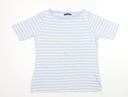 M&S Womens Blue Striped 100% Cotton Basic T-Shirt Size 16 Boat Neck