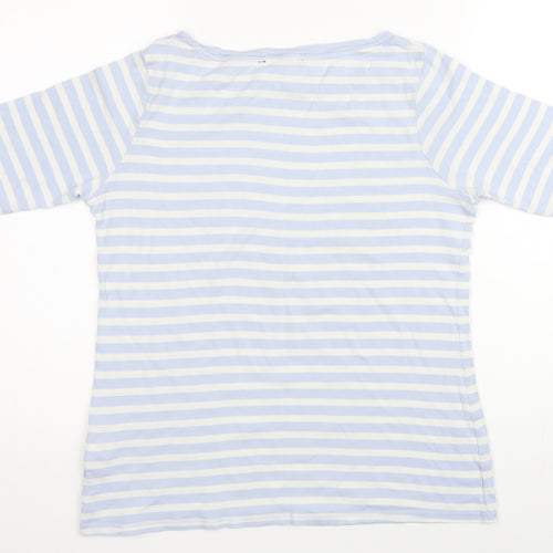 M&S Womens Blue Striped 100% Cotton Basic T-Shirt Size 16 Boat Neck