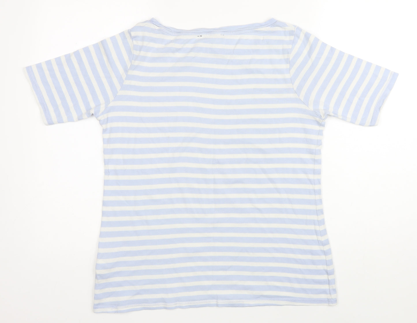 M&S Womens Blue Striped 100% Cotton Basic T-Shirt Size 16 Boat Neck