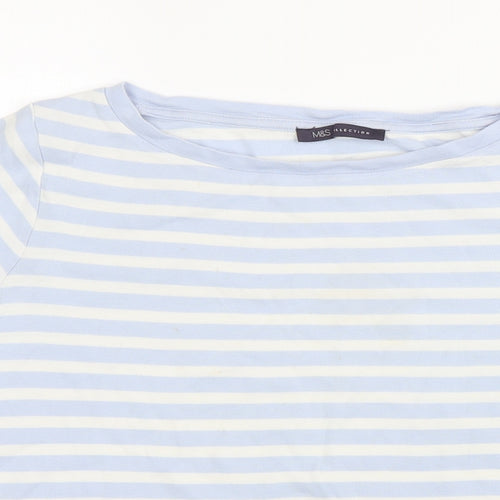 M&S Womens Blue Striped 100% Cotton Basic T-Shirt Size 16 Boat Neck