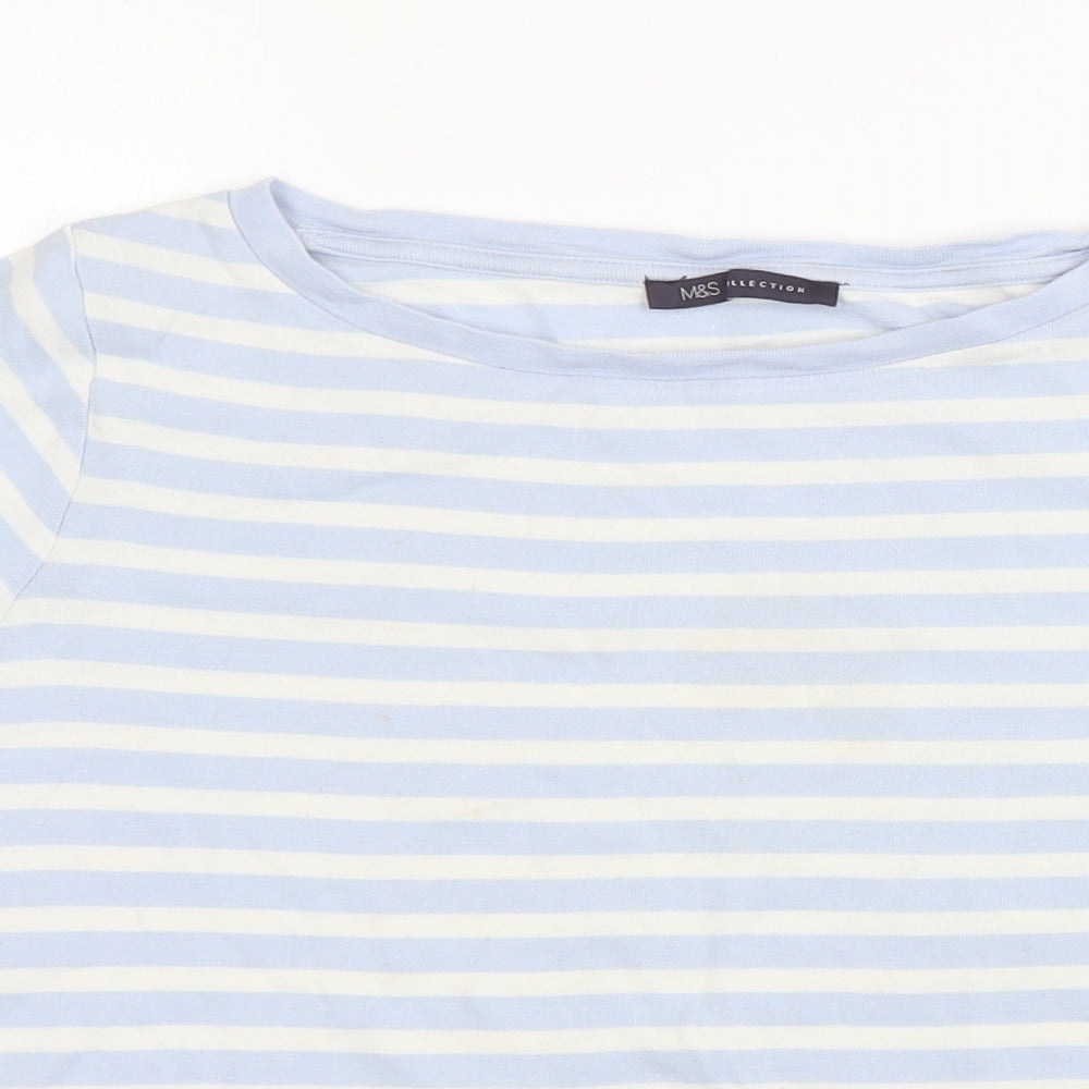 M&S Womens Blue Striped 100% Cotton Basic T-Shirt Size 16 Boat Neck