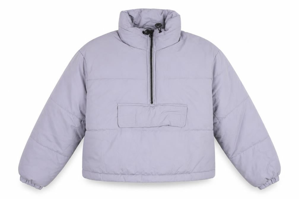 Front view of ASOS women’s purple puffer jacket coat, size UK 6, zip