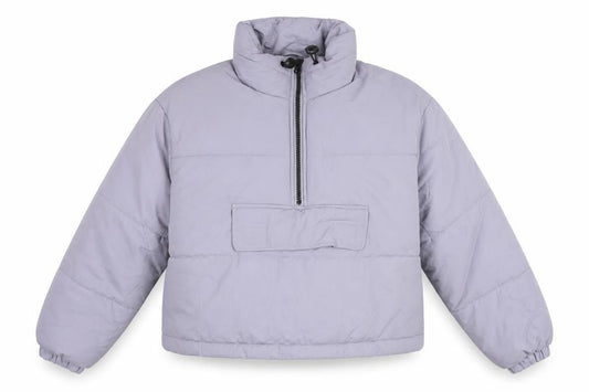 Front view of ASOS women’s purple puffer jacket coat, size UK 6, zip