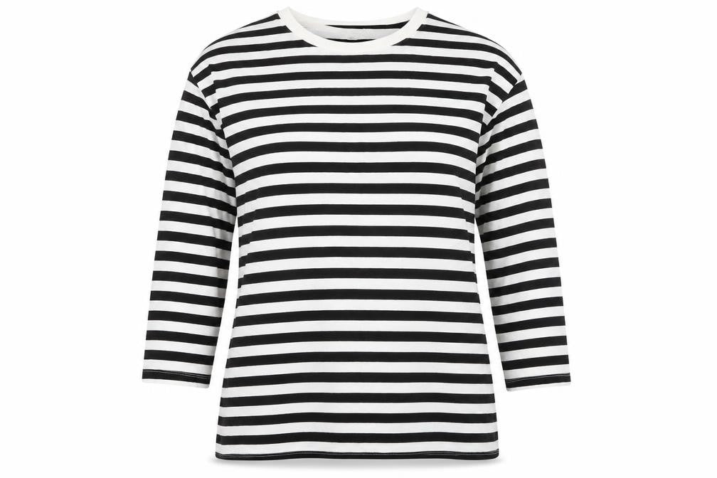 Front view of H&M women’s multicoloured striped 100% cotton basic t-shirt, size M, boat neck - longline