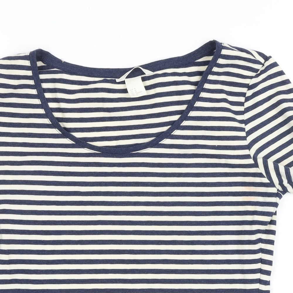 H&M Womens Blue Striped Cotton Basic T-Shirt Size M Scoop Neck