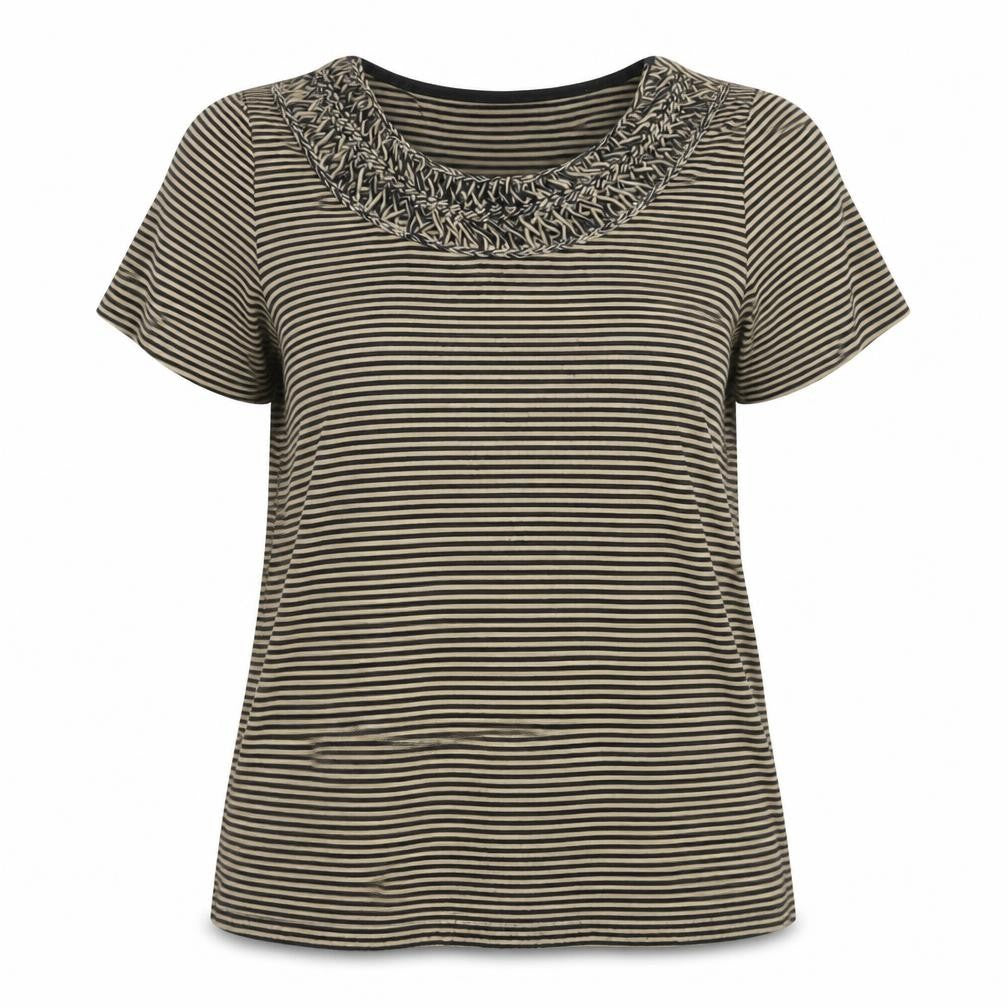 Front view of Per Una women’s black striped polyester basic t-shirt, size UK 18, scoop neck