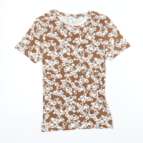 Marks and Spencer Womens Brown Floral Cotton Basic T-Shirt Size 6 Round Neck