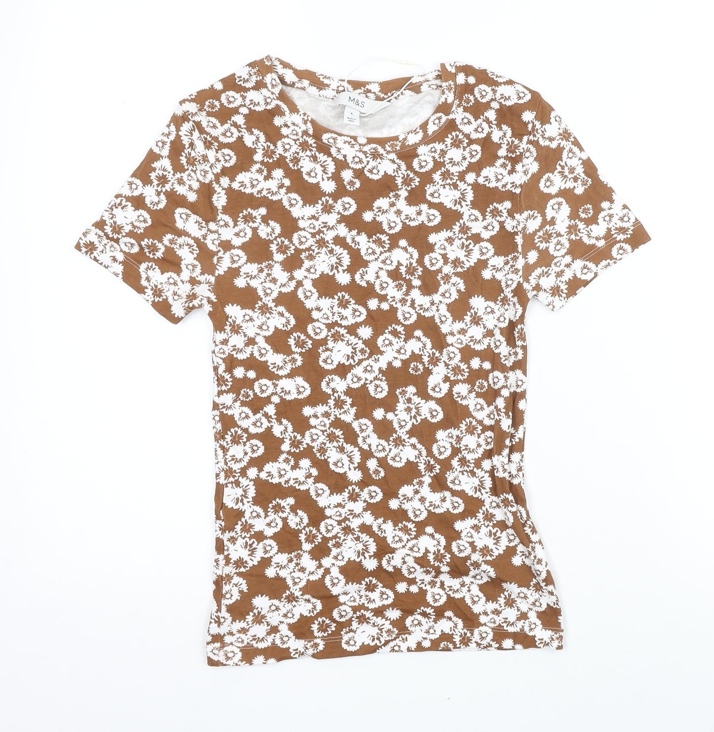 Marks and Spencer Womens Brown Floral Cotton Basic T-Shirt Size 6 Round Neck