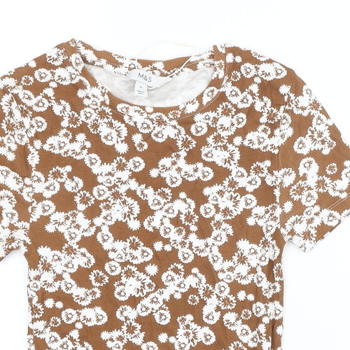 Marks and Spencer Womens Brown Floral Cotton Basic T-Shirt Size 6 Round Neck