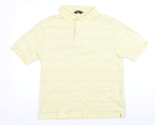 Blue Harbour Mens Yellow Striped Cotton Blend Polo Size M Collared Button