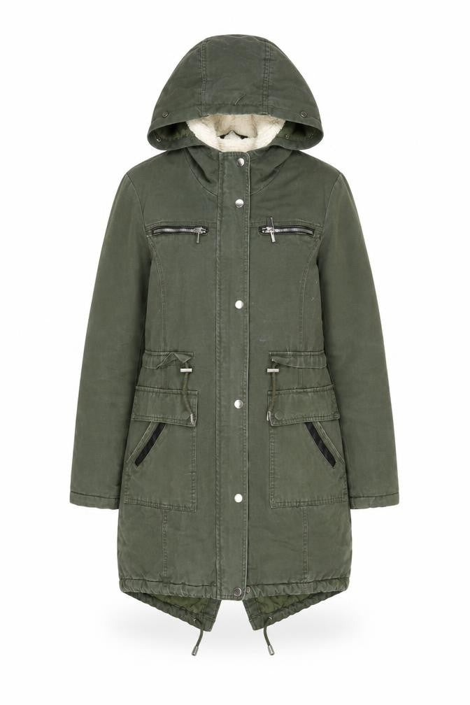Front view of Select women’s green parka coat, size UK 8, zip