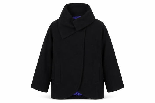 Front view of French Connection women’s black pea coat coat, size UK 10, button