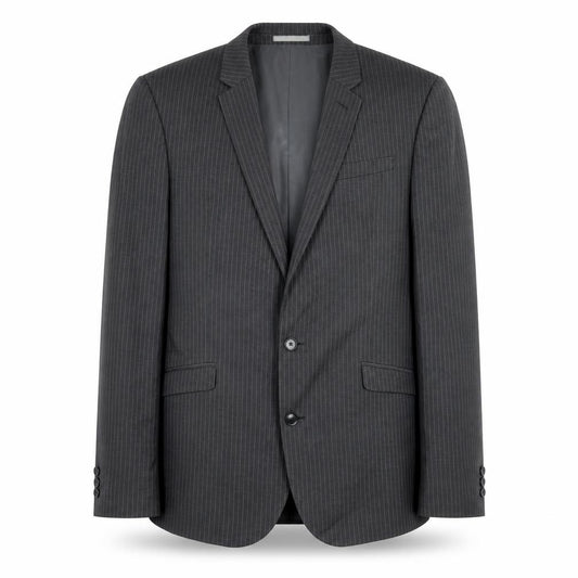 Front view of Next men’s grey striped polyester jacket blazer, size 40, regular