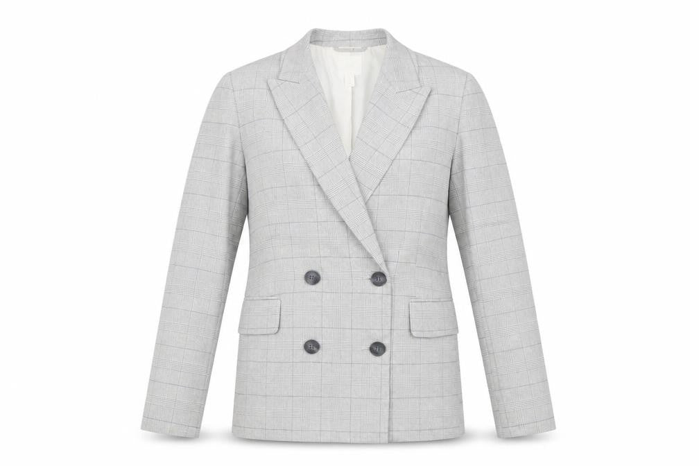 Front view of H&M men’s grey plaid polyester jacket blazer, size XS, regular