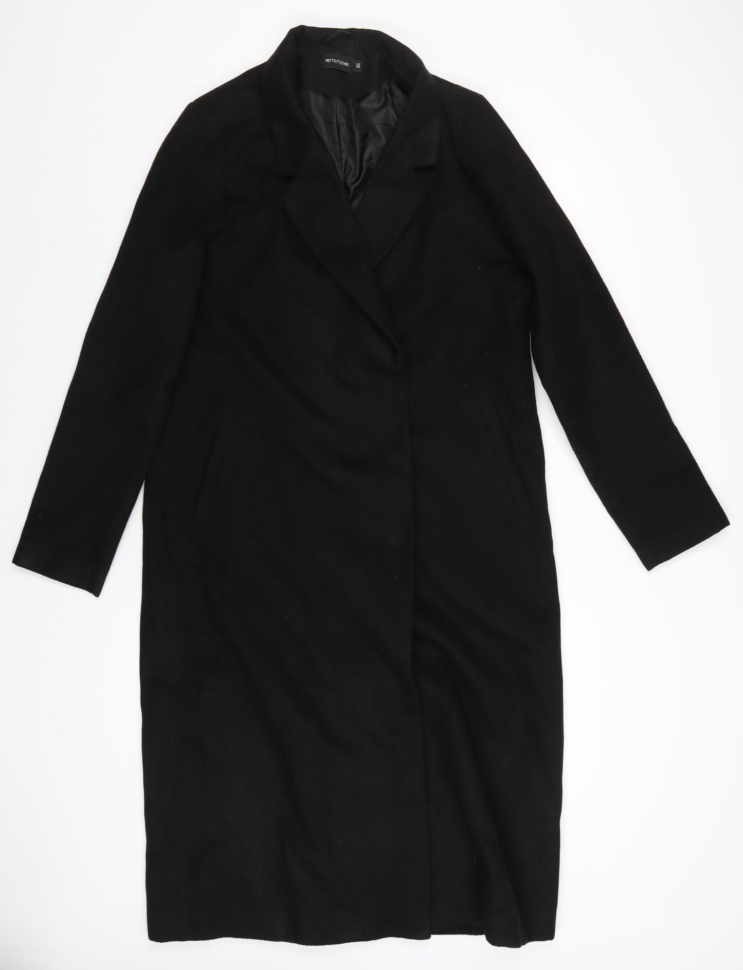 PRETTYLITTLETHING Womens Black Overcoat Coat Size 14 Snap