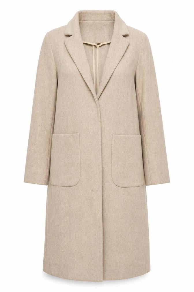 Front view of Topshop women’s beige overcoat coat, size UK 8, snap
