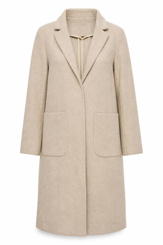 Front view of Topshop women’s beige overcoat coat, size UK 8, snap