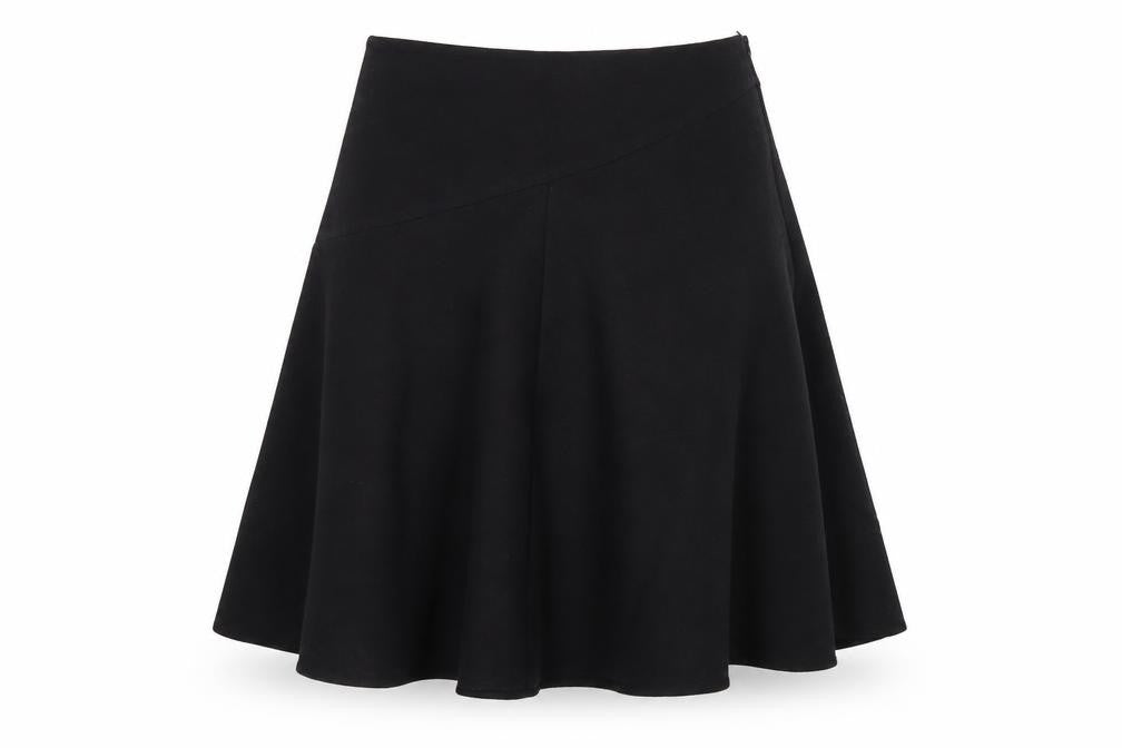 Front view of Country Casuals women’s black polyester a-line skirt, size UK 14, zip