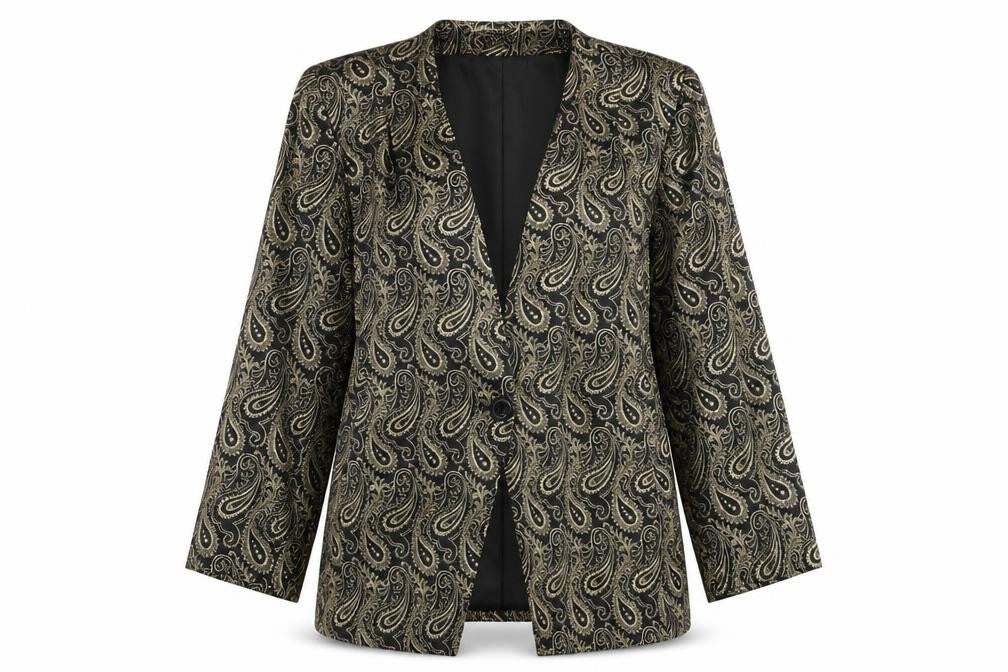 Front view of Karen Ellis women’s black paisley jacket blazer, size UK 6, button