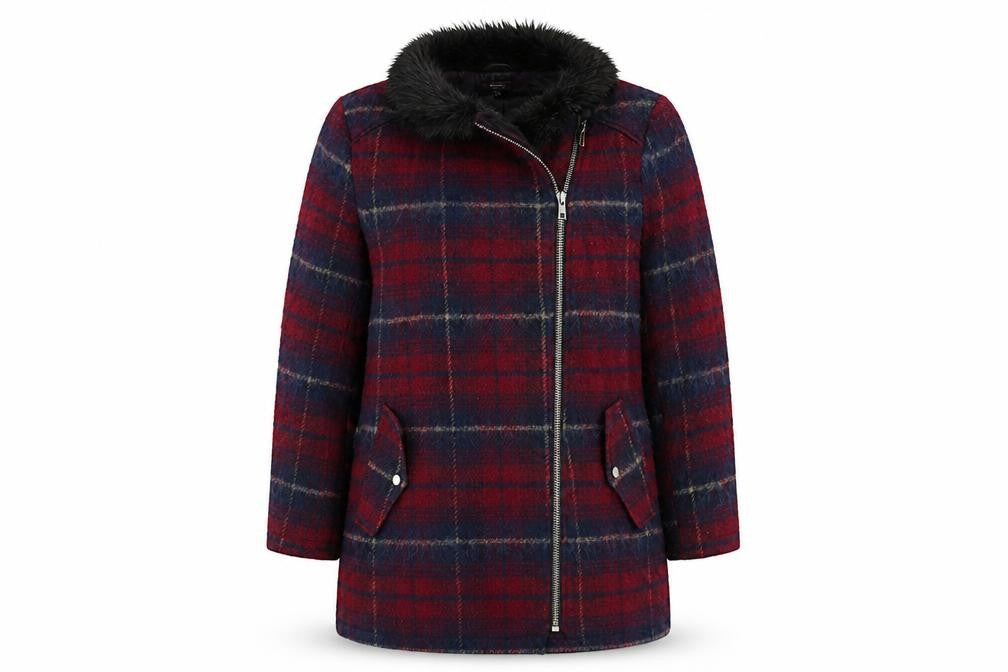 Front view of Therapy women’s red plaid overcoat coat, size UK 18, zip