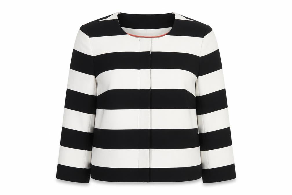 Front view of Marks & Spencer women’s black striped jacket, size UK 10, snap