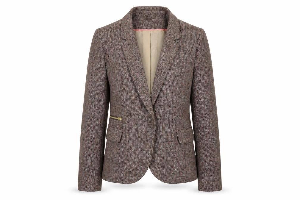 Front view of H&M women’s multicoloured geometric jacket blazer, size UK 10, snap