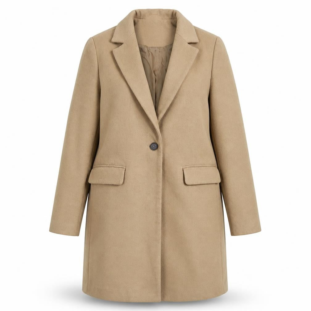 Front view of New Look women’s beige overcoat coat, size UK 10, button