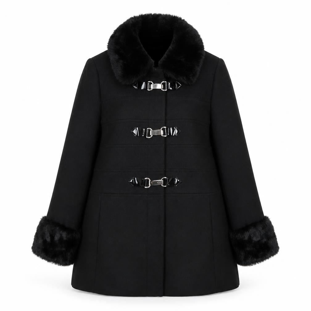 Front view of Red Herring women’s black pea coat coat, size UK 16, button