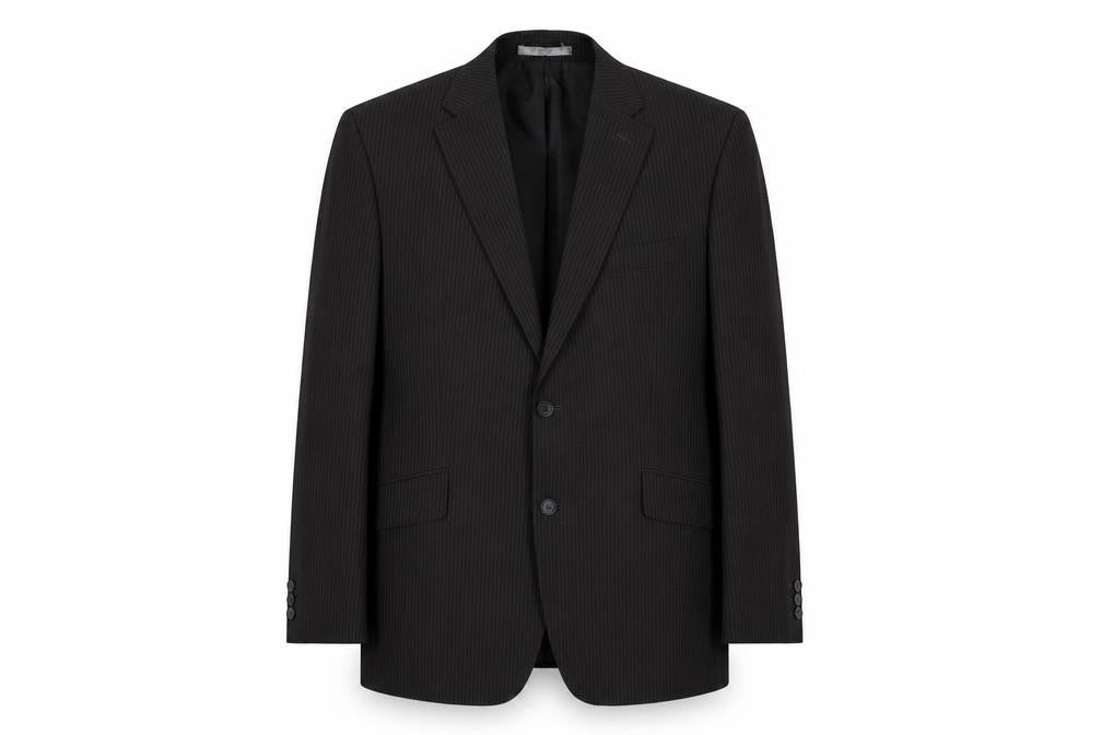 Front view of Karl Jackson men’s brown striped polyester jacket blazer, size 42, regular