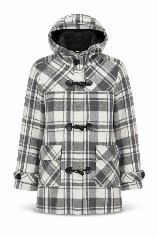 Front view of Wishwood women’s grey plaid pea coat coat, size UK 12, zip